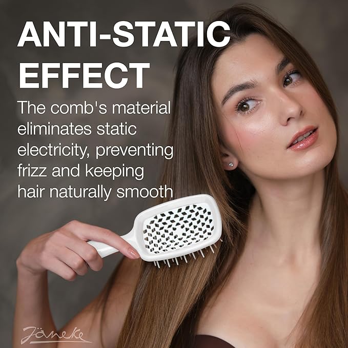 Janeke Superbrush Detangling Brush for Soft Smoothing Hair Brushing with Anti-Static Bristles - Vented Wet Hair Brush for Blow Drying Use - Perfect for Curly, Thick, Wavy, Fine Hair Types (White)