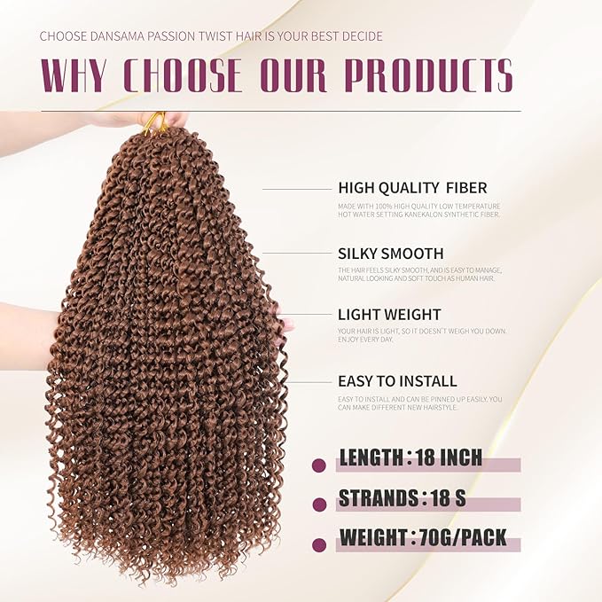Dansama Passion Twist Hair 18 inch : Water Wave Crochet Hair Braiding Hair for Bohemian Crochet Braids Hair Extensions (18inch (Pack of 7), #30)
