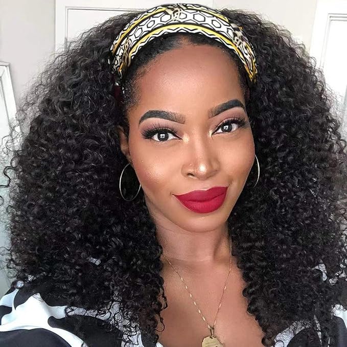 Aiterina Kinky Curly Human Hair Wig - 16 inch Natural Color, No Gel Remy Hair, Lace Front, Machine Made, Curly Scarf Wig for Black Women