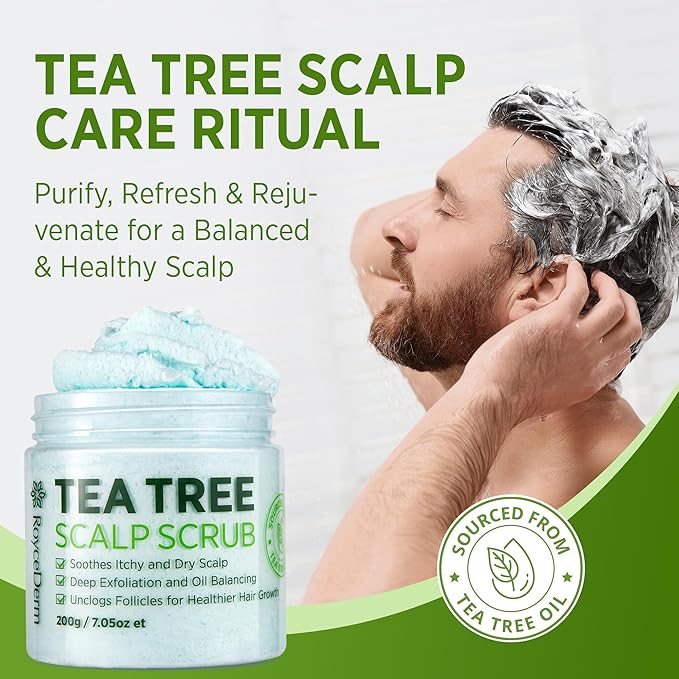 Roycederm Tea Tree Scalp Scrub – Pre-Shampoo Exfoliating Treatment for Dry, Flaky Scalp – Deep Cleansing, Refreshing & Balancing Formula for Healthy-Looking Hair