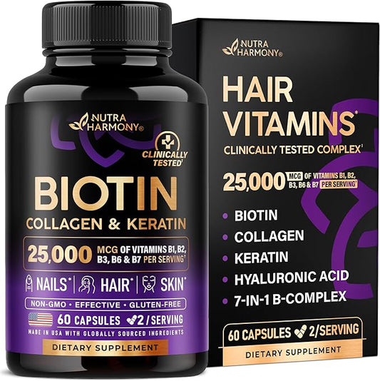 Biotin | Collagen | Hyaluronic Acid | Keratin - Clinically Tested Supplement** - Hair Growth Support, Skin & Nails - 25000mcg Vitamins B1, B2, B3, B6 & B7 - for Women & Men - Made in USA | 60 Capsules