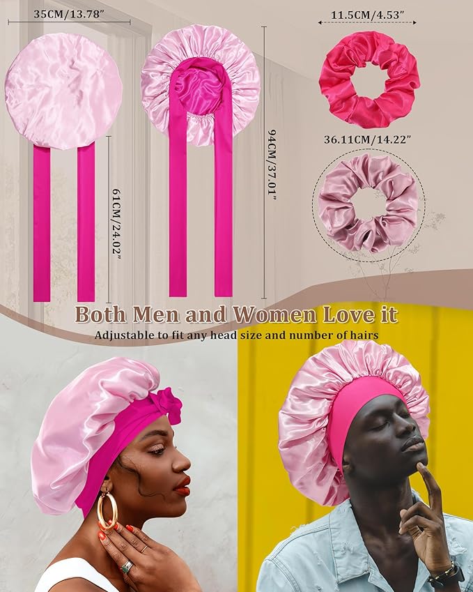 Reversible Satin Bonnet for Sleeping Women Double Layer Hair Bonnet with 2PCS Hair Scrunchies Elastic Tie Band Night Cap