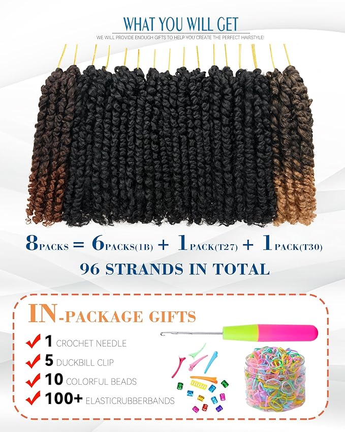 8 Inches 8 Packs Passion Twist Crochet Hair-Mixed Color Combo Pack,Pre-twisted Pre Looped Spring Twist Crochet Hair Extensions For Black Women Braided by Bohemian Curl(8"-8 Packs,1B+T27+T30)