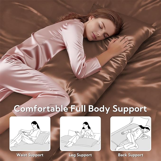 MR&HM Satin Body Pillow Cover, Soft and Breathable Body Pillow Case with Envelope Closure, Cooling and Silky Long Pillowcase for Hair and Skin,Grey (20x54, Mocha Mousse)