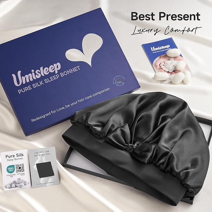 Umisleep Double-Sided 100% 22 Momme Mulberry Silk Bonnet for Sleeping Women, Large Silk Hair Wrap for Long Curly Hair, Non-Slip Sleep Cap with Adjustable Band, Ebony