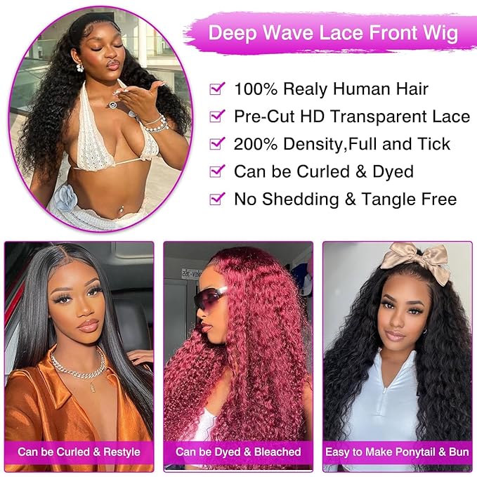 Deep Wave Lace Front Wigs Human Hair 13x6 HD Transparent Lace Front Wigs Human Hair 200% Density Deep Curly Human Hair Wig Pre Plucked Deep Wave Frontal Wigs Natural Color 24 Inch