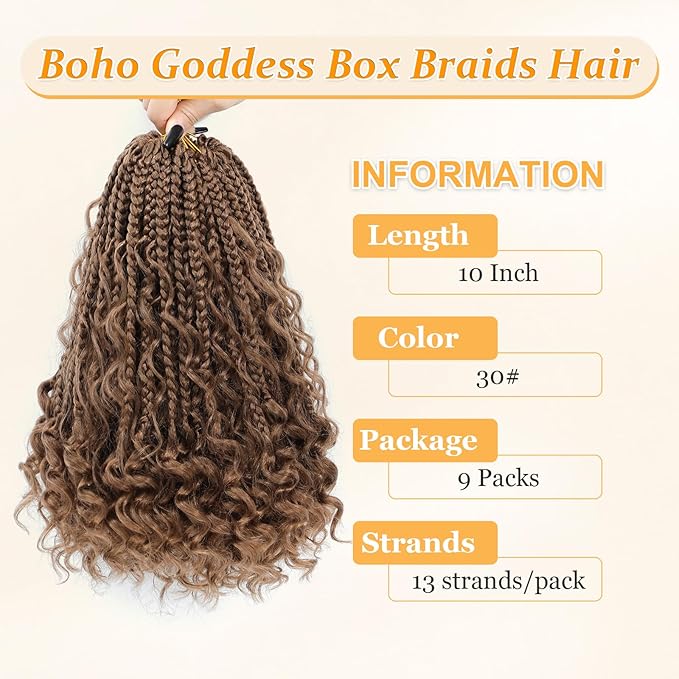 Goddess Box Braids Crochet Hair Boho 10 Inch Crochet Box -Braids With Curly Ends,9 Packs Bohomian Box Braid Crochet-Hair For Black Women Pre Looped Box Braiding (10Inch,30#)