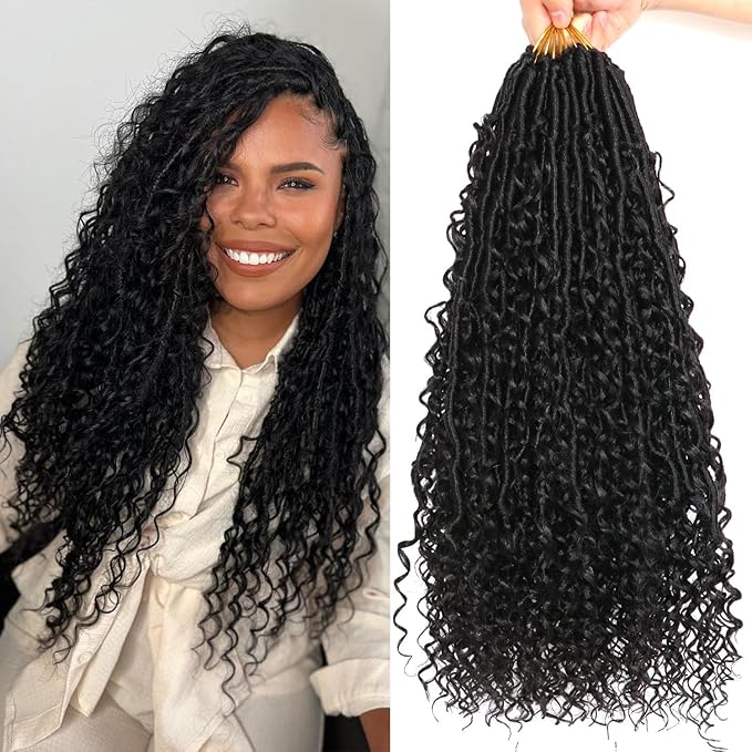 Goddess Locs Crochet Hair-18 Inch 8 Packs Boho Faux Locs Crochet Hair for Black Women Pre Looped Soft Locs with Curly Ends (1B#, 18 Inch(Pack of 8))