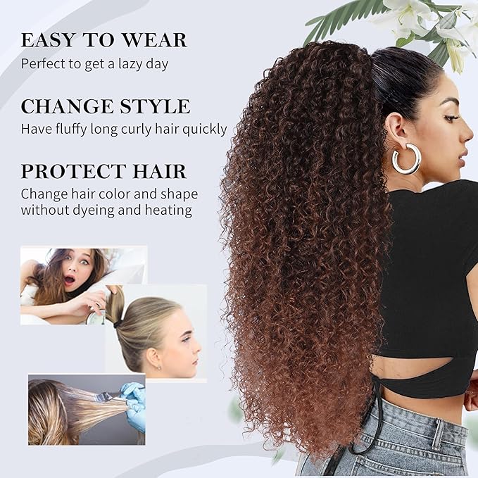 27 Inch Drawstring Ponytail Extension for Black Women Deep Curly Ponytail Extension Synthetic Mixed with Human Hair Hairpieces Afro Kinky Curly Pony Tail for Daily Use (Brown)