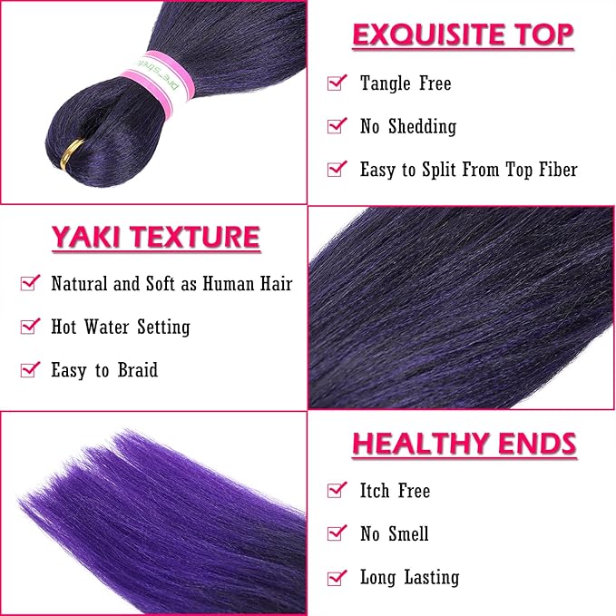 Dorsanee Ombre Purple Braiding Hair Pre Stretched 20 Inch 8 Packs Braiding Hair Extensions for Crochet Box Braids Twists Locs Hair Itch Free Soft Yaki Texture Hot Water Setting (20inch,#1B/Purple)