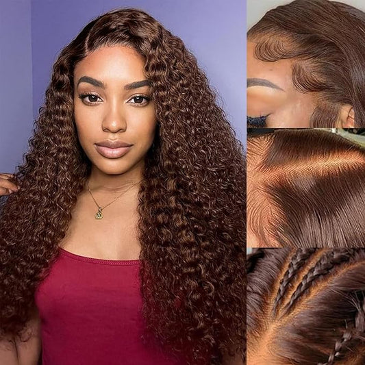 SENSAIRUITE Chocolate Brown Deep Wave Lace Front Wigs Human Hair 13x4#4 Curly Lace Front Wig Human Hair 180% Density HD Transparent Glueless Lace Frontal Wigs Pre Plucked 26 Inch