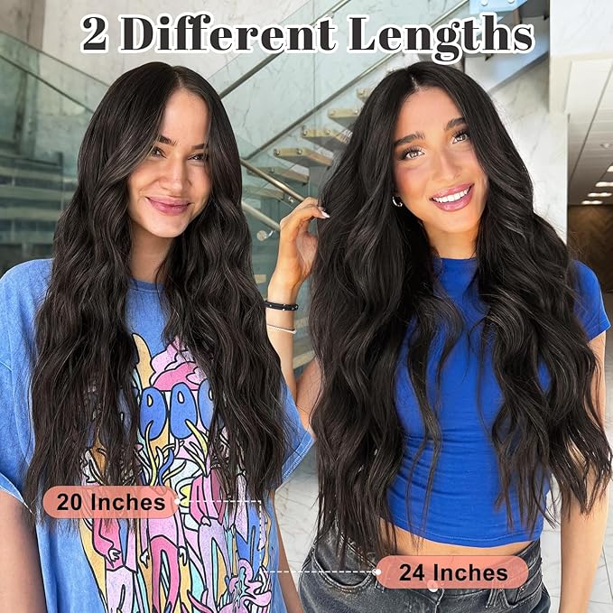 ALXNAN Clip in Long Wavy Synthetic Hair Extension 20 Inch Natural Black 4PCS Thick Hairpieces Fiber Double Weft Hair for Women