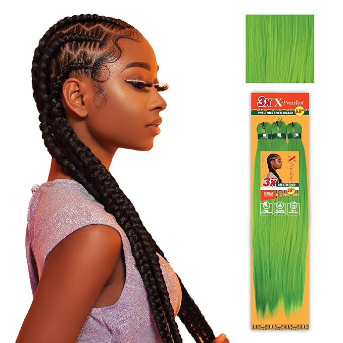 Sensationnel X-pression prestretched braiding hair - 3x braid 58 inch all kanekalon flame retardant synthetic braid for box braids and twists (2 pack, GREEN)