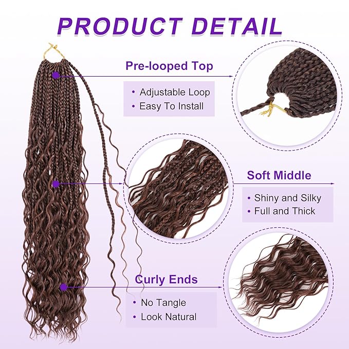 Eacia Goddess Box Braids Crochet Hair 18 Inch 7 Packs Pre Looped Boho Crochet Hair Extensions for Women Braids with Curly Ends (18 Inch, P33/30#)