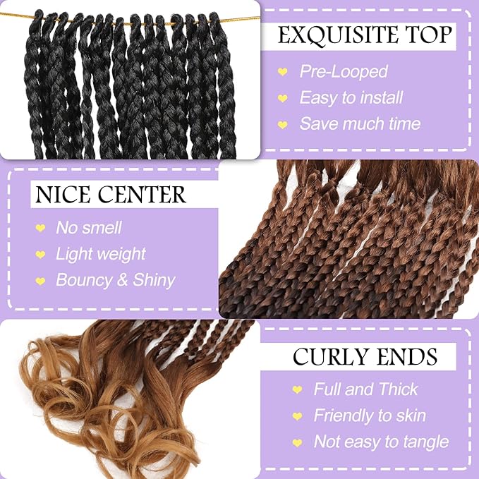 French Curl Crochet Braids 12 Inch Goddess Box Braids Crochet Hair Pre Looped Crochet Box Braid with Curly Ends Synthetic French Curly Braiding Hair Extensions 8 Packs 1B/33/30