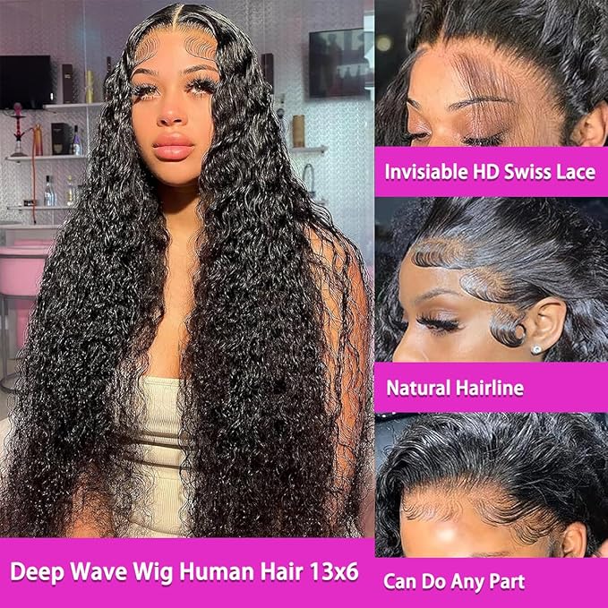 Deep Wave Lace Front Wigs Human Hair 13x6 HD Transparent 34Inch Deep Curly Lace Frontal Wigs Human Hair 210% Density Glueless Wigs Human Hair Natural Color
