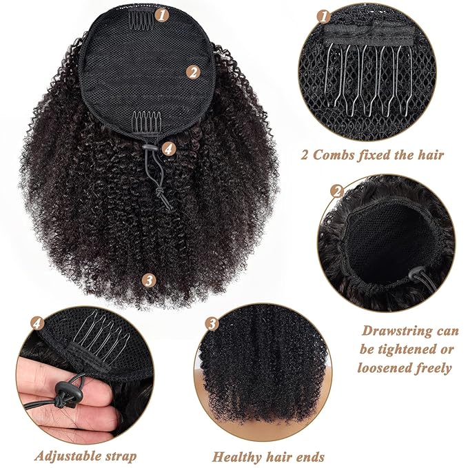 Afro Puff Drawstring Ponytail Bun For Black Women 150% Density 10A Brazilian Virgin Human Hair 4C Afro Kinky Curly Clip In Ponytail Extension Human Hair Pieces 120g Natural Color 10 Inch