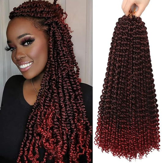 Ubeleco 18 Inch Passion Twist Hair, Ombre Burgundy Water Wave Crochet Hair for Women 22 Strands/Pack Passion Twist Crochet Hair Long Bohemian Synthetic Curly Braiding Hair Extensions(7pcs,1B/Bug)