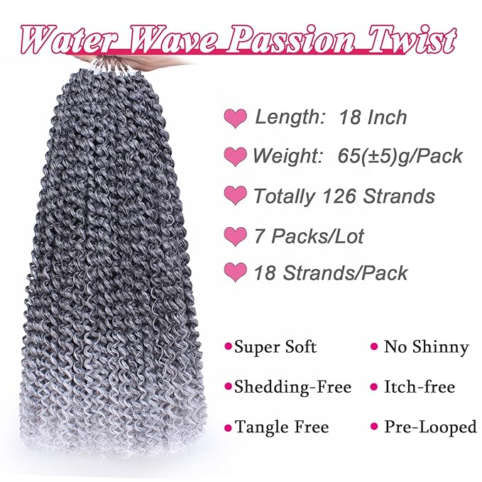 Leeven 7 Packs Ombre Grey Water Wave Crochet Hair for Passion Twist 18 Inch Long Bohemian Passion Twists Braids Hair for Butterfly Soft Locs Silver Synthetic Locs Braiding Hair Extensions 1B/Grey#