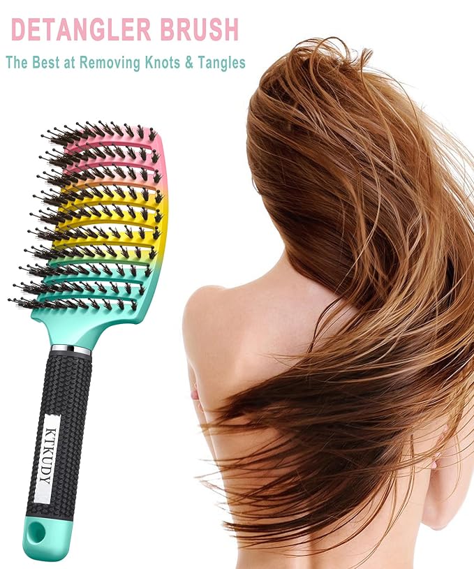 KTKUDY Detangling Brush Boar Bristles Hairbrush Make Hair Shiny & Healthier Curved and Vented Detangler Brush for Women Men Kids Wet & Dry Hair (Rainbow)