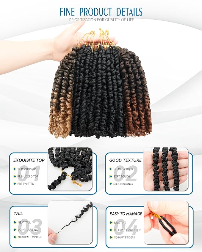 8 Inches 8 Packs Passion Twist Crochet Hair-Mixed Color Combo Pack,Pre-twisted Pre Looped Spring Twist Crochet Hair Extensions For Black Women Braided by Bohemian Curl(8"-8 Packs,1B+T27+T30)