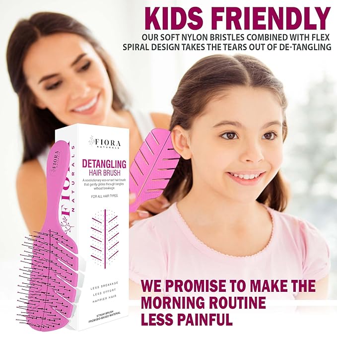 Detangler Brush by Fiora Naturals - 100% Bio-Friendly Detangling brush w/Ultra-Soft Bristles - Glide Through Tangles with Ease - For Curly, Fine, Black Natural, Women, Men, Kids - Dry and Wet Hair