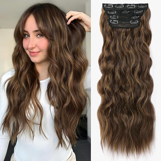 ALXNAN Clip in Long Wavy Synthetic Hair Extension 24 Inch Medium Brown with Blonde Highlights 4PCS Thick Hairpieces Fiber Double Weft Hair for Women