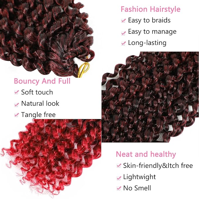 Alrence Passion Twist Hair Red 24 Inch 8 Packs Water Wave Crochet Hair Curly Braiding Hair For Butterfly Locs Long Bohe Crochet Braids (24 Inch (Pack of 8), 1B/Red)