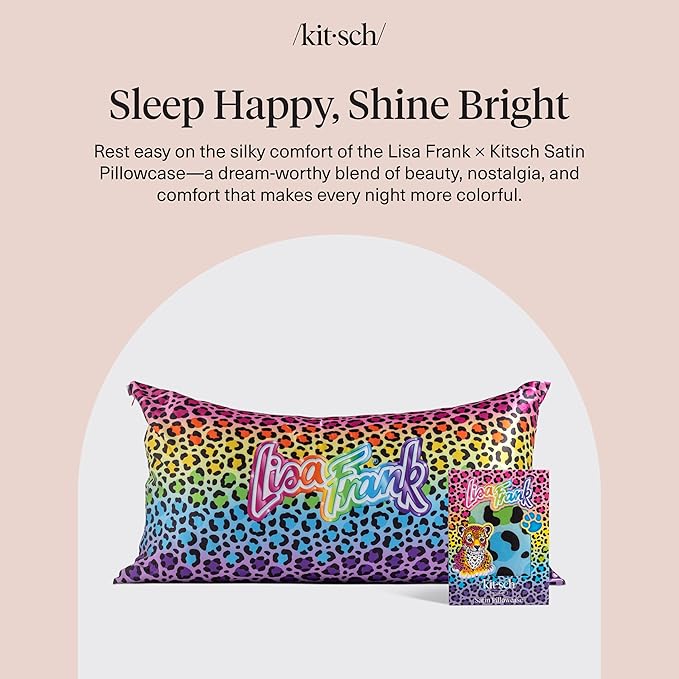 Kitsch x Lisa Frank Satin Pillowcase with Zipper for Hair & Skin, Softer Than Silk Pillow Cases, Wrinkle-Free, Smooth and Cooling Satin Pillow Covers King Size (19x36) - Rainbow Leopard