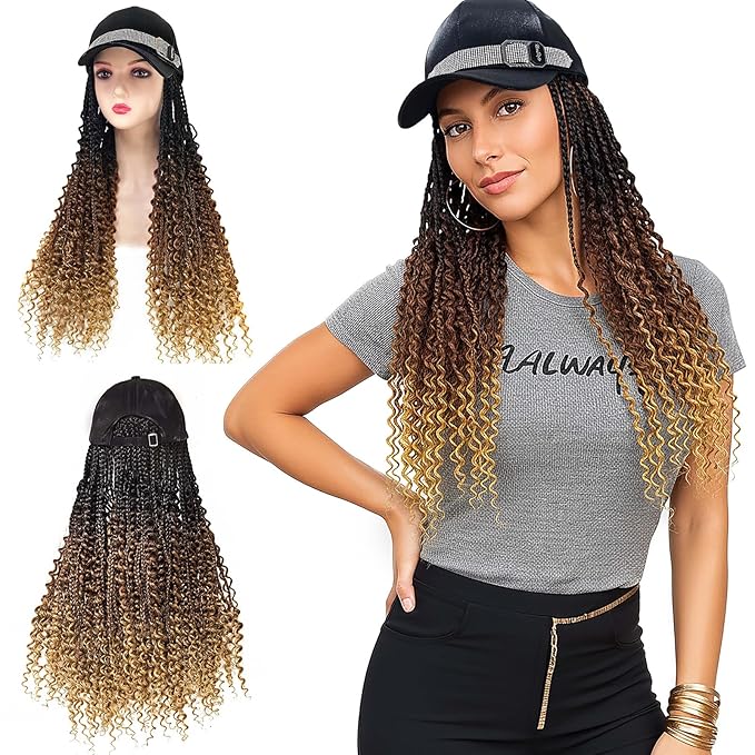 Hat Wigs 24-Inch Crochet Boho Braids Curly Ends, Ombre Brown Goddess Box Braids Crochet Hair Wig for Women