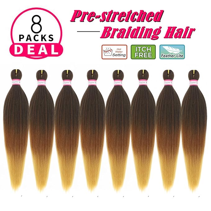 Dorsanee Braiding Hair Pre Stretched 22 Inch 8 Packs Black to Brown Ombre Braiding Hair Extensions for Crochet Box Braids Twists Locs Hair Soft Yaki Texture Hot Water Setting (22inch,#1B/30/27)