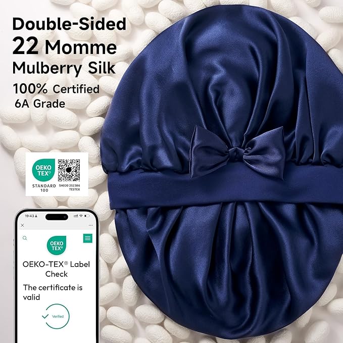Umisleep Double-Sided 100% 22 Momme Mulberry Silk Bonnet for Sleeping Women, Large Silk Hair Wrap for Long Curly Hair, Non-Slip Sleep Cap with Adjustable Band, Navy Blue
