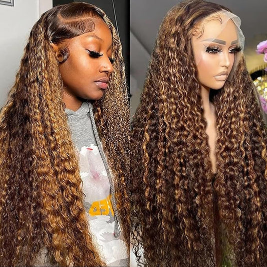24Inch 13x4 Highlight Ombre Deep Wave Lace Front Wigs Human Hair Pre Plucked 4/27 Honey Blonde Deep Wave Human Hair Wigs for Women 250% Density