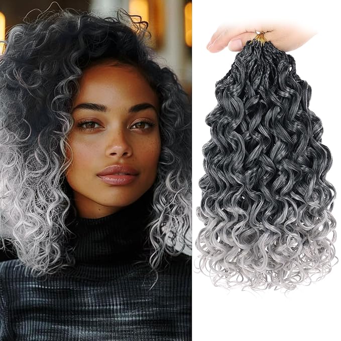 Leeven Gogo Curl Crochet Hair 10 Inch 8 Packs Ombre Gray Ocean Wave Crochet Braids Pre Looped Deep Twist Goddess Box Braids Short Curly Water Wave Synthetic Braiding Hair for Women Girl Kids