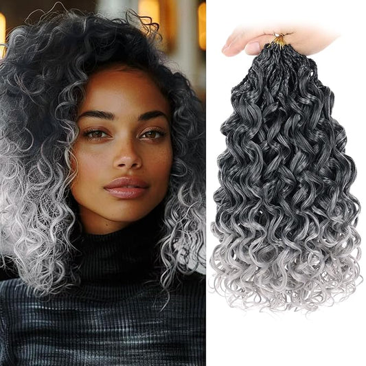 Leeven Gogo Curl Crochet Hair 10 Inch 8 Packs Ombre Gray Ocean Wave Crochet Braids Pre Looped Deep Twist Goddess Box Braids Short Curly Water Wave Synthetic Braiding Hair for Women Girl Kids
