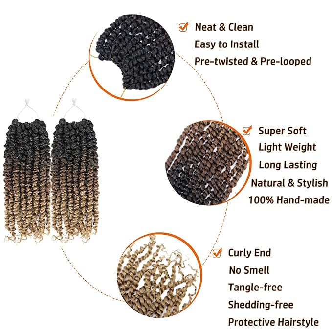 Passion Twist Hair 10 Inch 8 Packs Pre-twisted Passion Twist Crochet Hair for Women Pre-looped Water Wave Crochet Braids Bohemian Curly Crochet Hair Extensions 1B/30/27