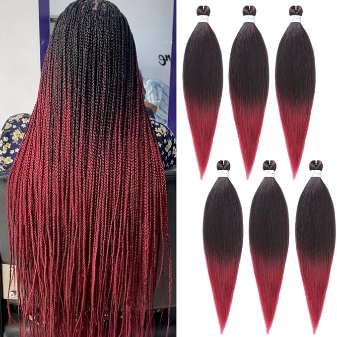Pre-stretched Braiding Hair Extension Ombre Black to Burgundy Professional Crochet Braiding Hair 6 Packs 24 Inch Hot Water Setting Synthetic Fiber Crochet Twist Braids(24Inch,1B/900#)