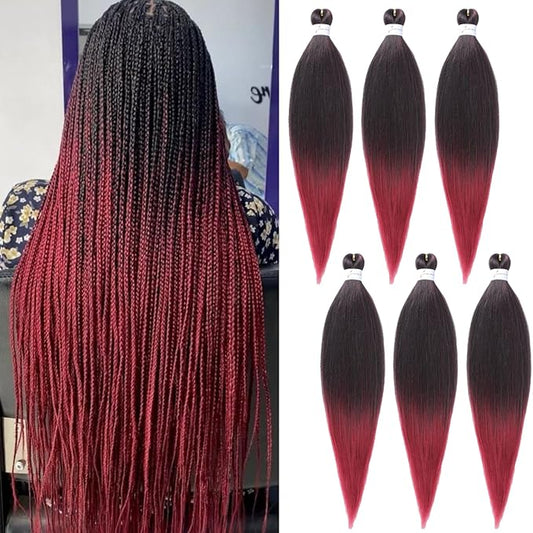 Pre-stretched Braiding Hair Extension Ombre Black to Burgundy Professional Crochet Braiding Hair 6 Packs 24 Inch Hot Water Setting Synthetic Fiber Crochet Twist Braids(24Inch,1B/900#)