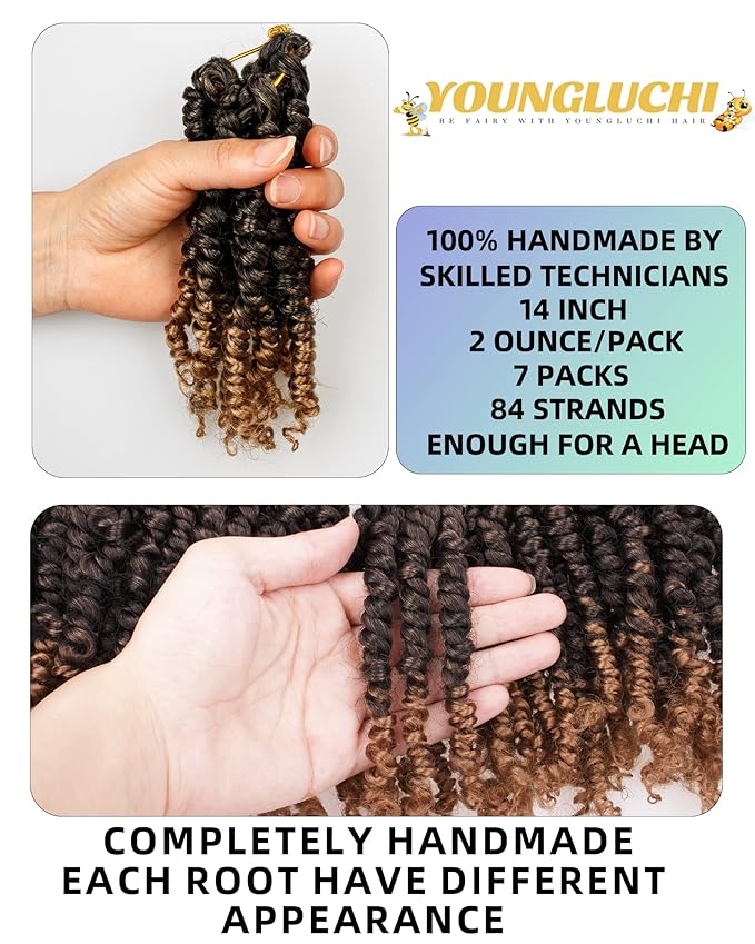 Pre-twisted Passion Twist Crochet Hair for Black Women 14 Inch 7 Packs Passion Twist Hair,Pre-looped Crochet Hair,Synthetic Spring Kinky Twist Braiding Hair Extensions (14"-7P,T27)