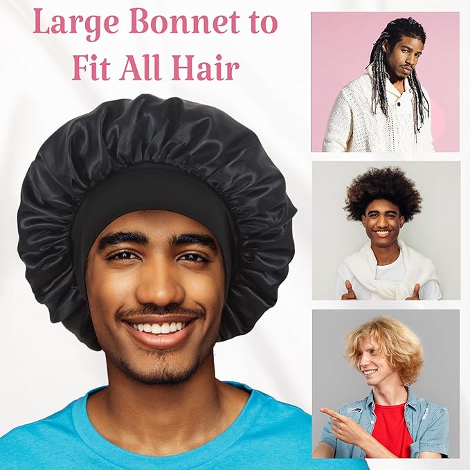 2pcs Bonnet for Men, Bonnets for Women, Satin Silk Hair Bonnet for Sleeping, Reversible Double Layer Wide Band Sleep Cap for Curly Hair Braids