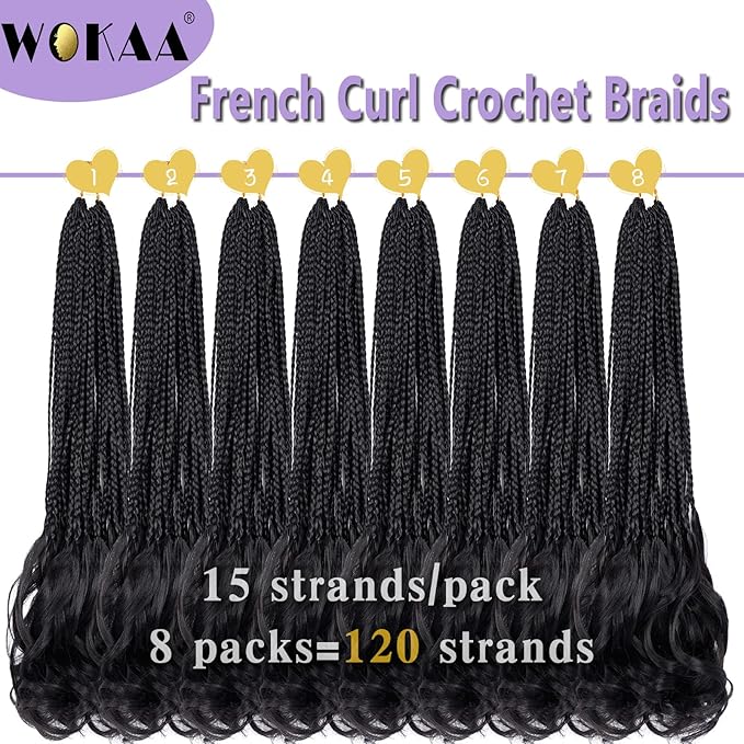 French Curl Crochet Braids 24 Inch Goddess Box Braids Crochet Hair for Women 8 Packs Pre Looped Crochet Box Braid with Curly Ends Synthetic French Curly Braiding Hair Extensions (1B#)