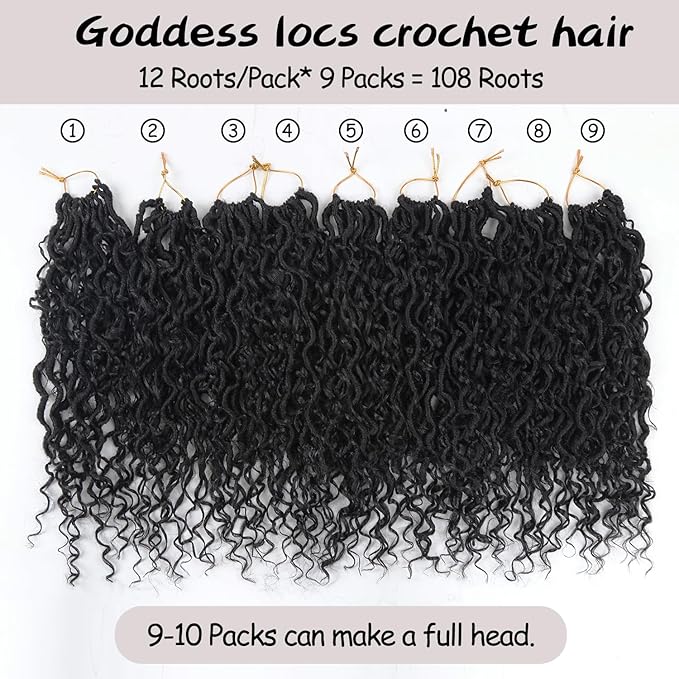 Goddess Locs Crochet Hair,Vemet 16 Inch 9 Packs Synthetic Faux Locs Crochet Hair for Black Women,River Locs Hair Extensions Boho Style Pre looped Faux Locs with Curly Ends