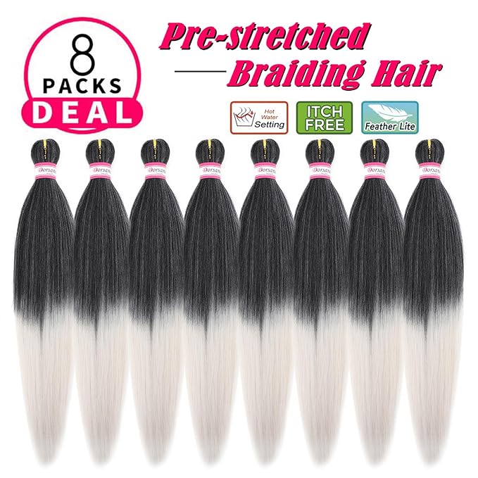 Ombre Grey Braiding Hair Pre Stretched 20 Inch 8 Packs Salt and Pepper Braiding Hair Extensions for Crochet Box Braids Twists Locs Hair Itch Free Soft Yaki Texture Hot Water Setting (20inch,#1B/Gray)