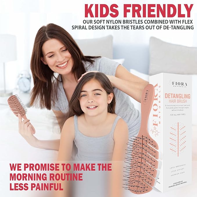 Detangler Brush by Fiora Naturals - 100% Bio-Friendly Detangling brush w/Ultra-Soft Bristles - Glide Through Tangles with Ease - For Curly, Fine, Black Natural, Women, Men, Kids - Dry and Wet Hair