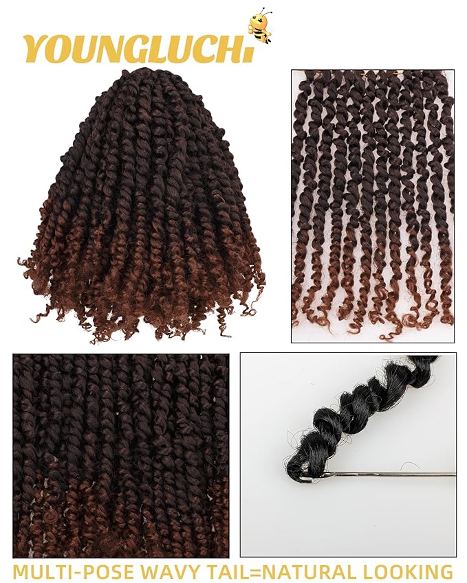 10 Inches 7 Packs Pre Looped Pretwisted Passion Twist Crochet Hair for Black Women and Kids-Ombre Brown,Soft Hair Extensions Braided by Synthetic Spring Kinky Twist Bohemian Curl(10"-7 Packs,T1B/30)