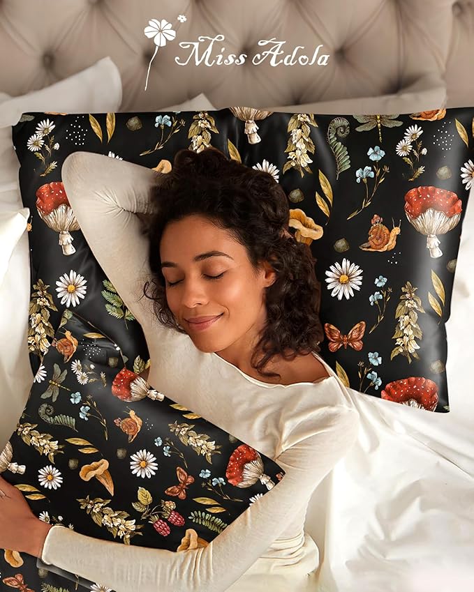 Silk Pillowcase 2 Pack - Cute Pillow Cases 20" x 26" Standard Size Set of 2 for Hair and Skin Smooth Soft Breathable with Hidden Zipper Cooling Pillow Covers for Sleeping, Mushroom Plants