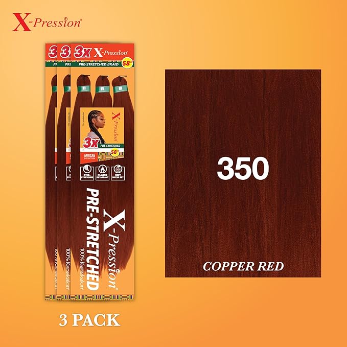 Sensationnel X-pression prestretched braiding hair - 3x braid 58 inch all kanekalon flame retardant synthetic braid for box braids and twists (3 pack, 350 COPPERRED)