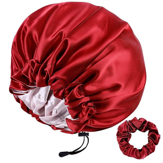 22 Momme 100% Mulberry Silk Bonnet Hair Wrap for Sleeping, Adjustable Silk Scrunchies Sleep Cap for Women Men Hair Care, Head Scarf Night Caps with Elastic Stay On Head, 1Pc(Burgundy,Pink)