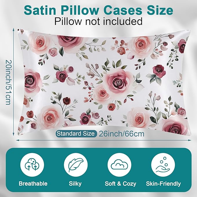 Satin Pillowcase Rose Flowers and Leaves Similar to Silk Pillow Cases for Hair and Skin, 1 Pack Soft Smooth Breathable Cool Pillow Cases, Standard Size with Hidden Zipper 20" x 26"