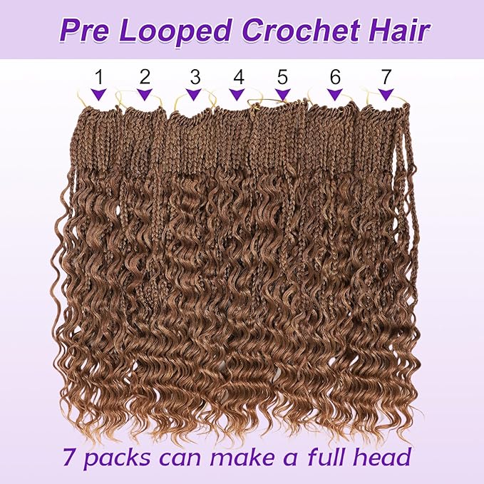 Eacia Goddess Box Braids Crochet Hair 18 Inch 7 Packs Pre Looped Crochet Hair with Curly Ends Short Boho Box Braids for Women(18 Inch, M33/30/27#)